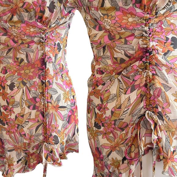 Y2K Silk Floral Ruched Top M | Vintage Ruffle Hem Tie Strap Blouse - Picture 4 of 7